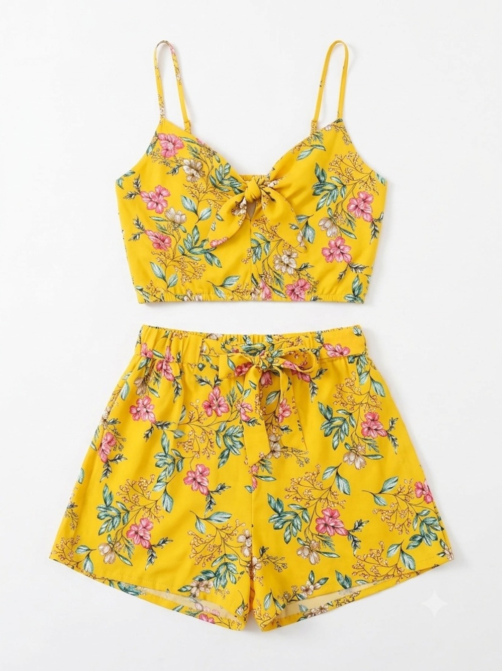J&W Yellow Floral Tie-Front Crop Top & Shorts Silk blend Set Size S